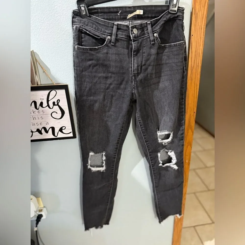 Levi 721 High Rise Skinny Jeans Black Frey Bottom Distressed Women's Size 8 - Picture 3 of 15